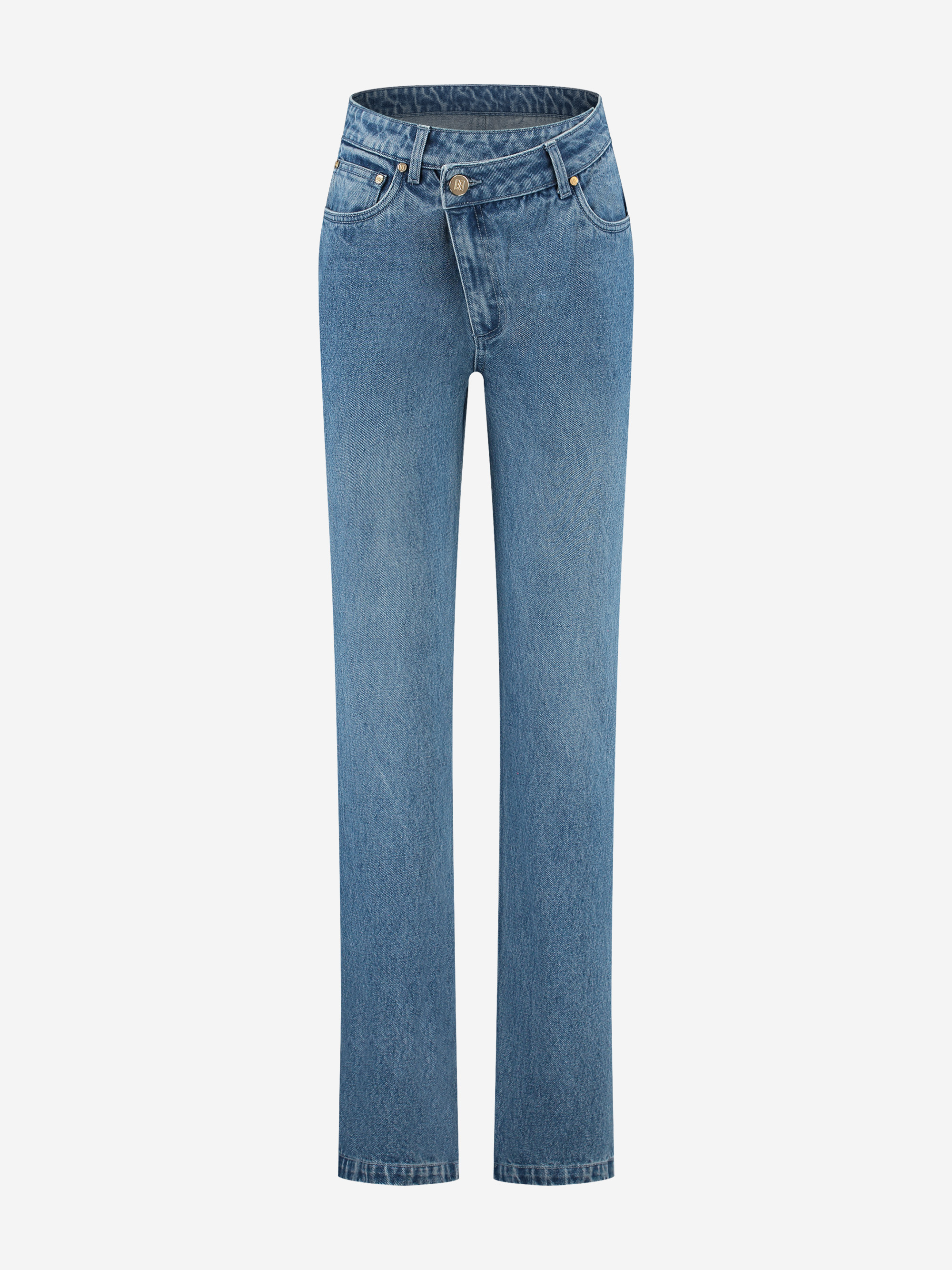 Denim jeans with crossed waistband