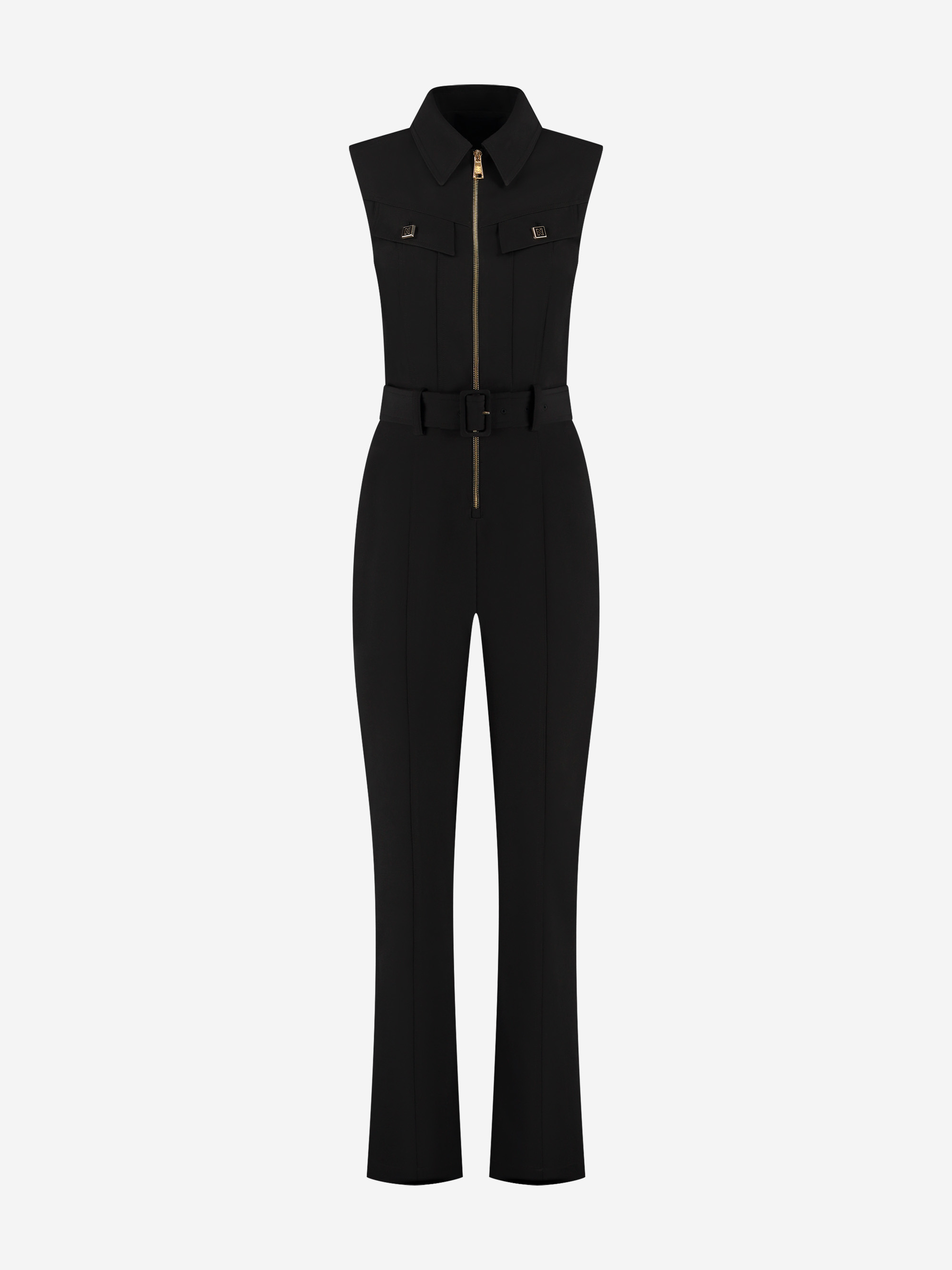 Aansluitende jumpsuit met centrale rits en ceintuur