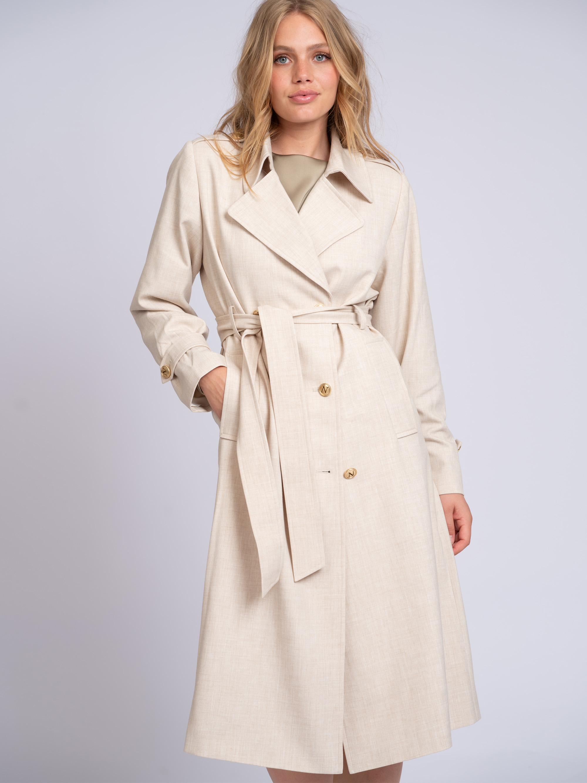 Long trenchcoat with melange pattern and belt