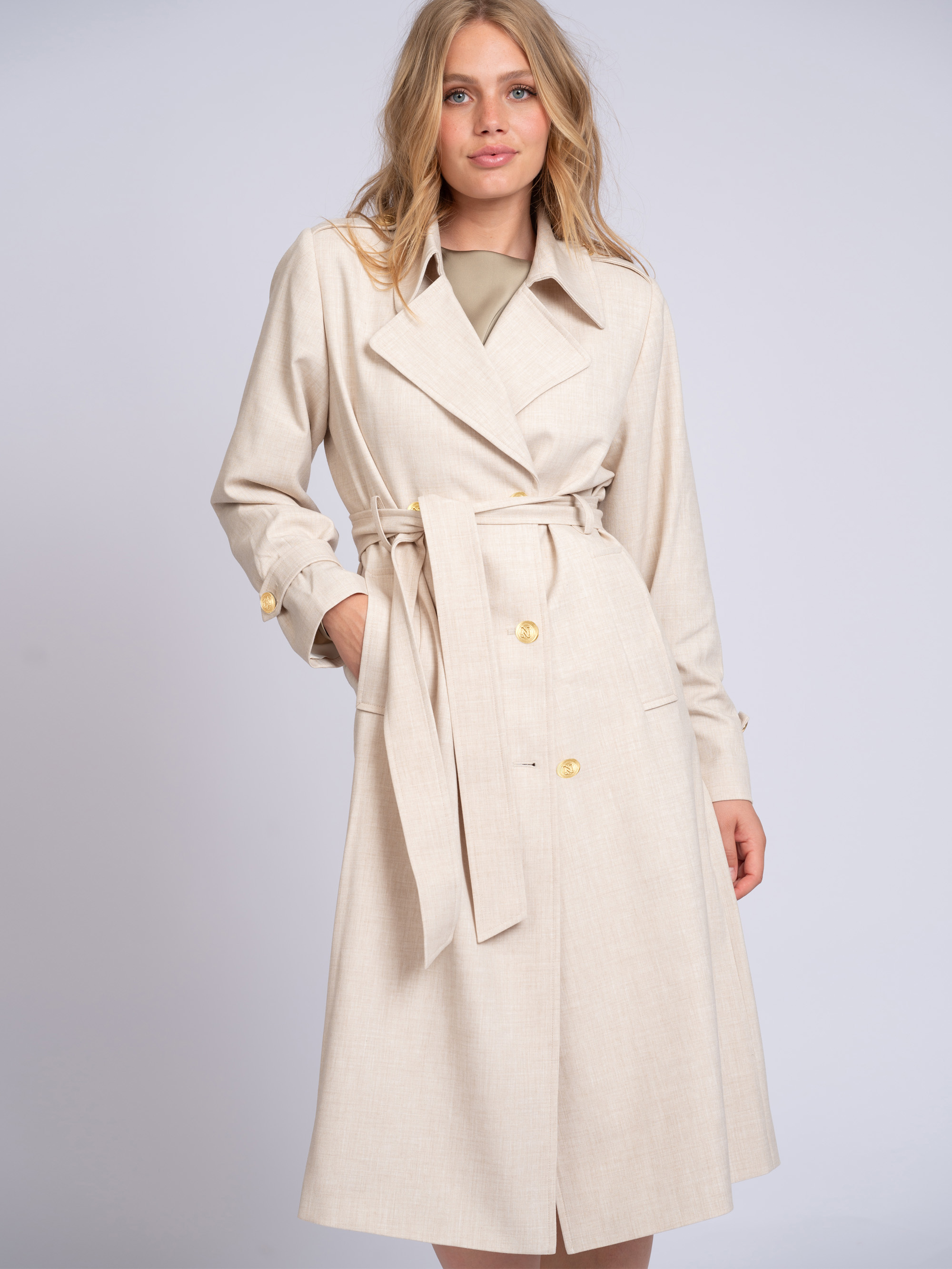 Long trenchcoat with melange pattern and belt