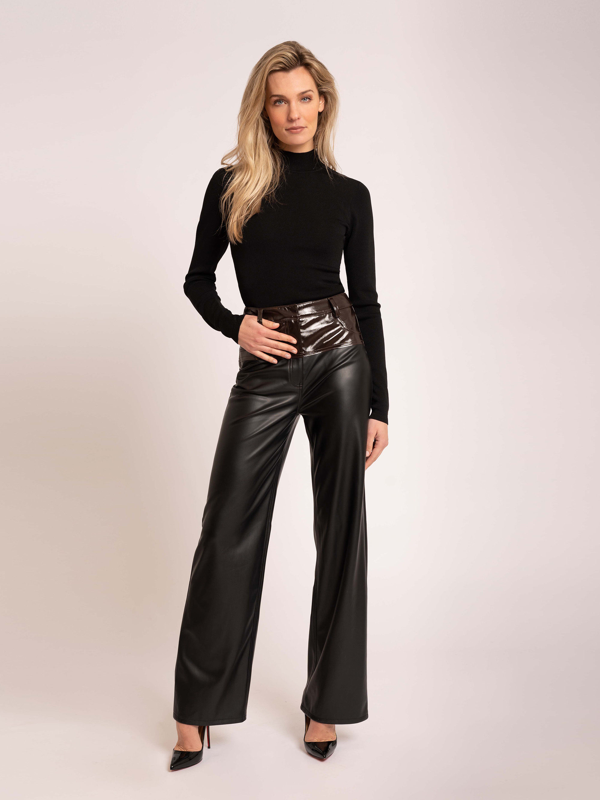 Vegan leather pants with lacquer detail