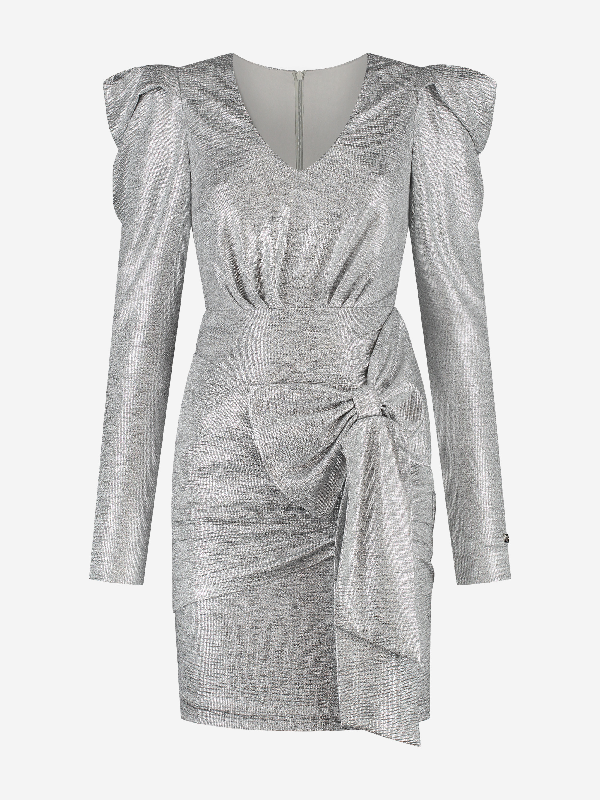 Metallic jurk met pofmouwen en strik detail